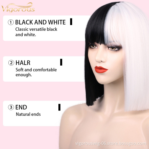 Short straight Bob Wigs Bangs Women Synthetic Wig Shoulder Length Black half White Hair Girl's Colorful Hair Halloween Cosplay